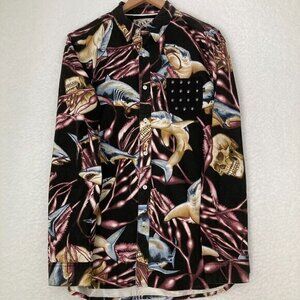 Rook‎ Shirt Mens L Multicolored Long Sleeve Skulls Sharks Studded Pocket Rock